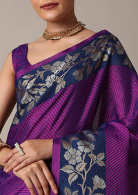 Purple Banarasi Tunchui Silk Saree With Floral Motifs And Unstitched Blouse Piece