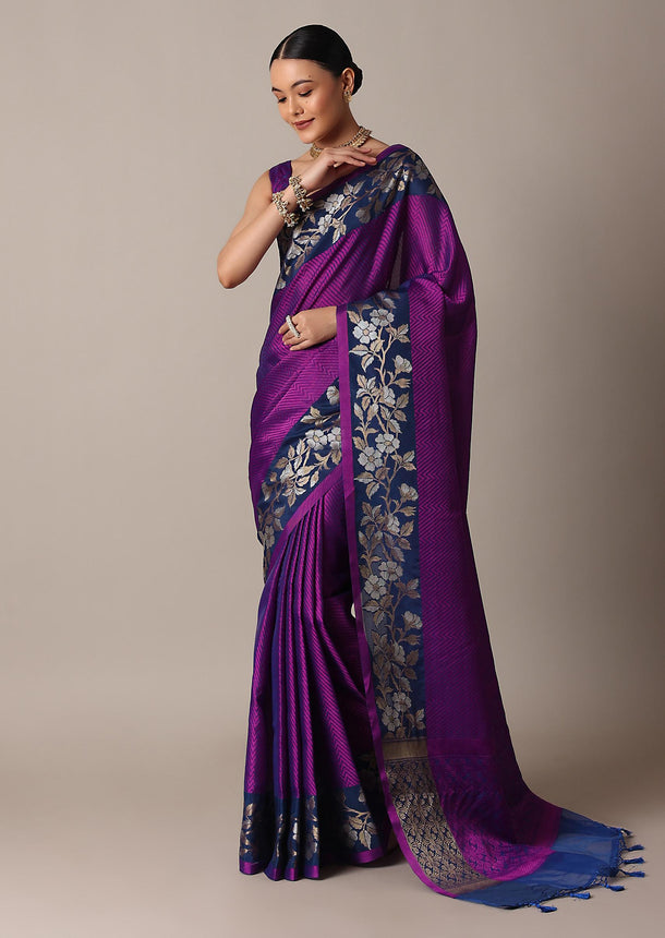 Purple Banarasi Tunchui Silk Saree With Floral Motifs And Unstitched Blouse Piece