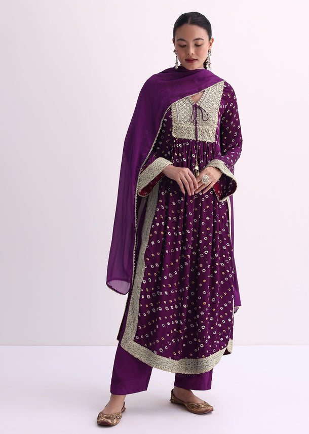 Purple Bandhani Print Kurti Pant Set With Dupatta