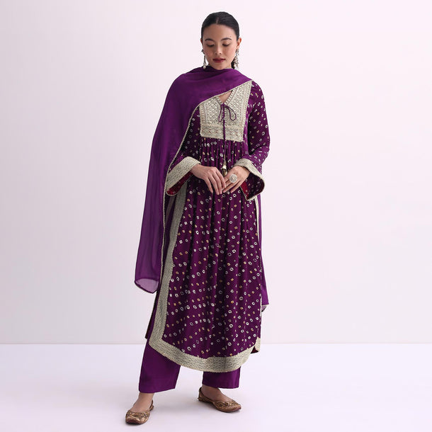 Purple Bandhani Print Kurti Pant Set With Dupatta