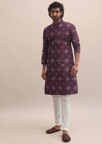 Purple Bandhani Printed Cotton Kurta Set For Men