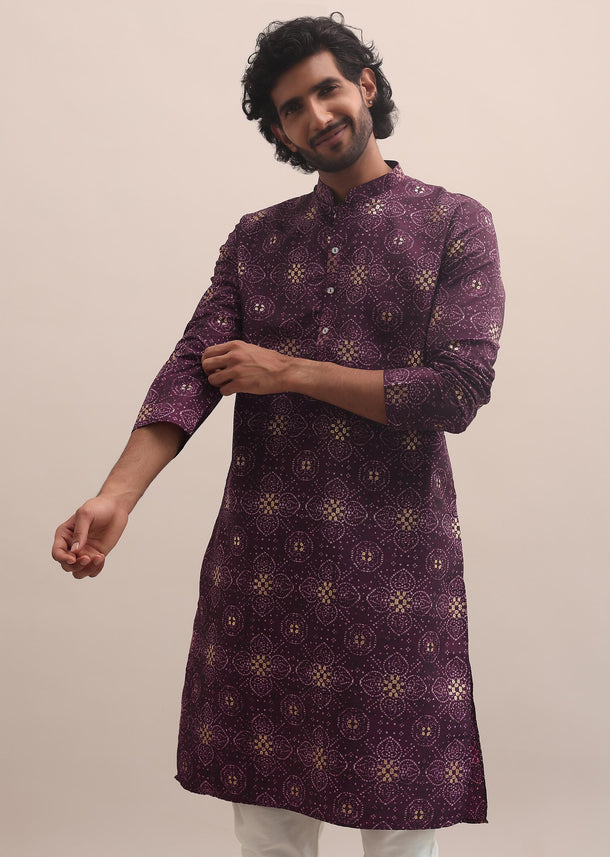 Purple Bandhani Printed Cotton Kurta Set For Men