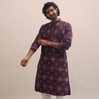 Purple Bandhani Printed Cotton Kurta Set For Men