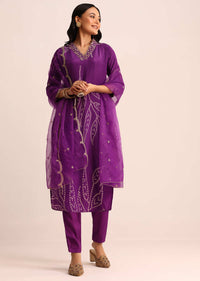 Purple Bandhani Printed Satin Kurta Set With Dupatta