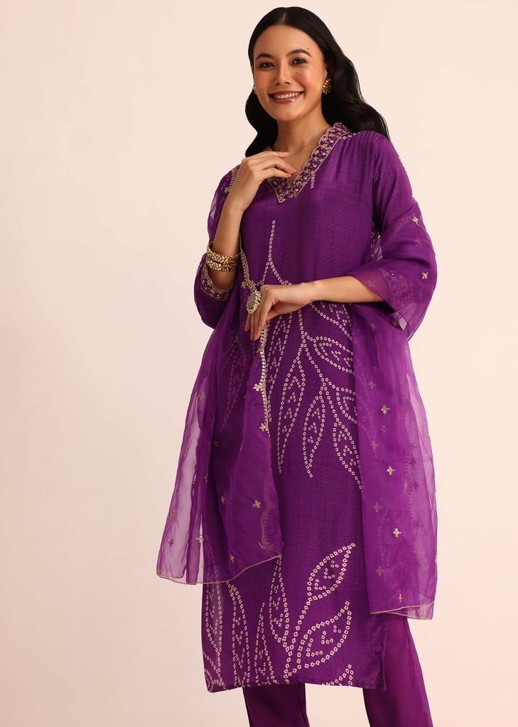 Purple Bandhani Printed Satin Kurta Set With Dupatta