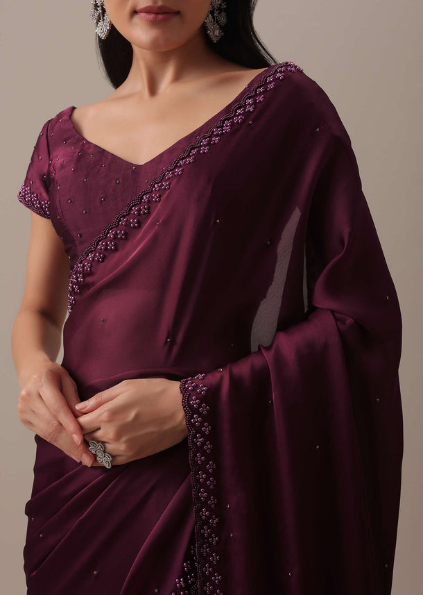 Purple Bead Embellished Saree In Satin