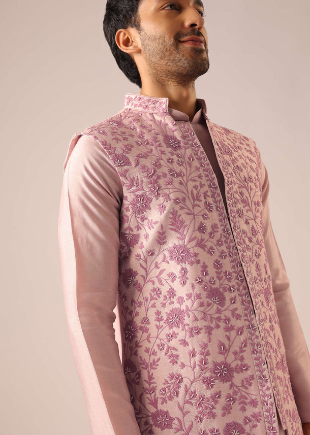 Purple Beaded Floral Embroidered Jacket Kurta Set in Silk