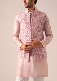 Purple Beaded Floral Embroidered Jacket Kurta Set in Silk