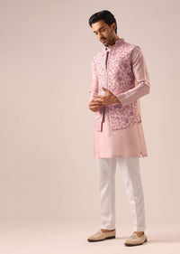 Purple Beaded Floral Embroidered Jacket Kurta Set in Silk