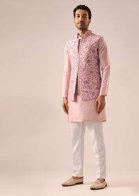 Purple Beaded Floral Embroidered Jacket Kurta Set in Silk