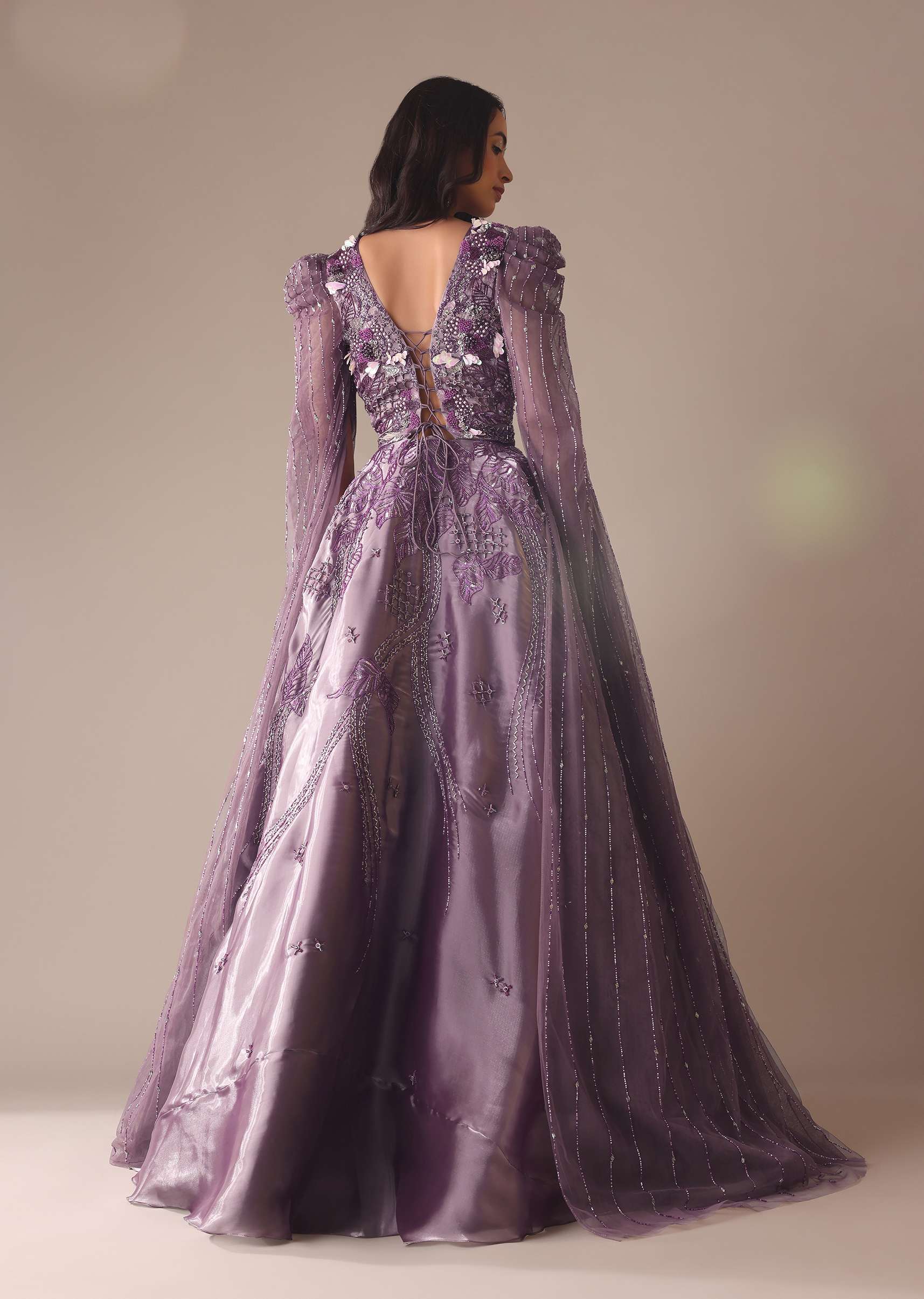 Purple Bridal Gown In Organza With Fancy Sleeves And Hand Work