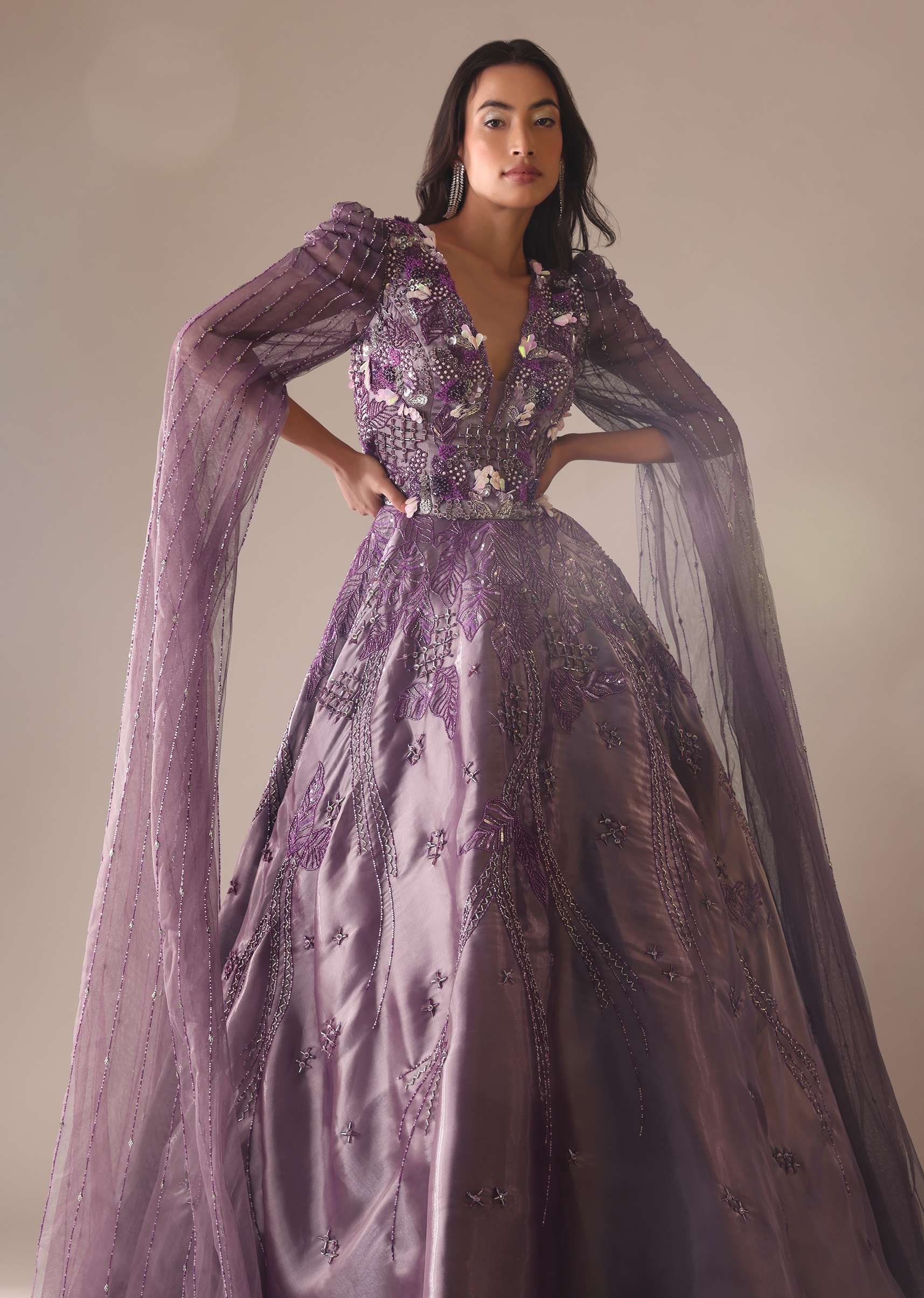 Purple Bridal Gown In Organza With Fancy Sleeves And Hand Work