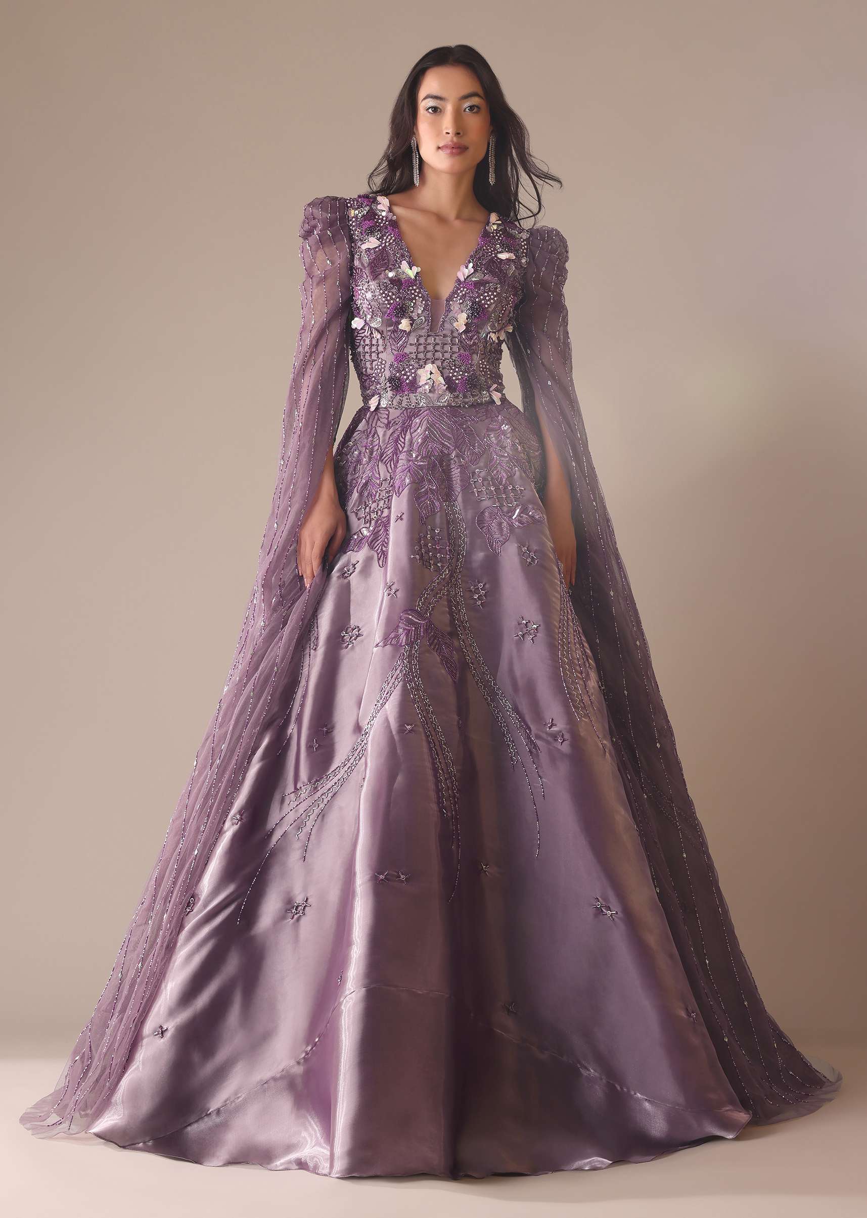 Purple Bridal Gown In Organza With Fancy Sleeves And Hand Work