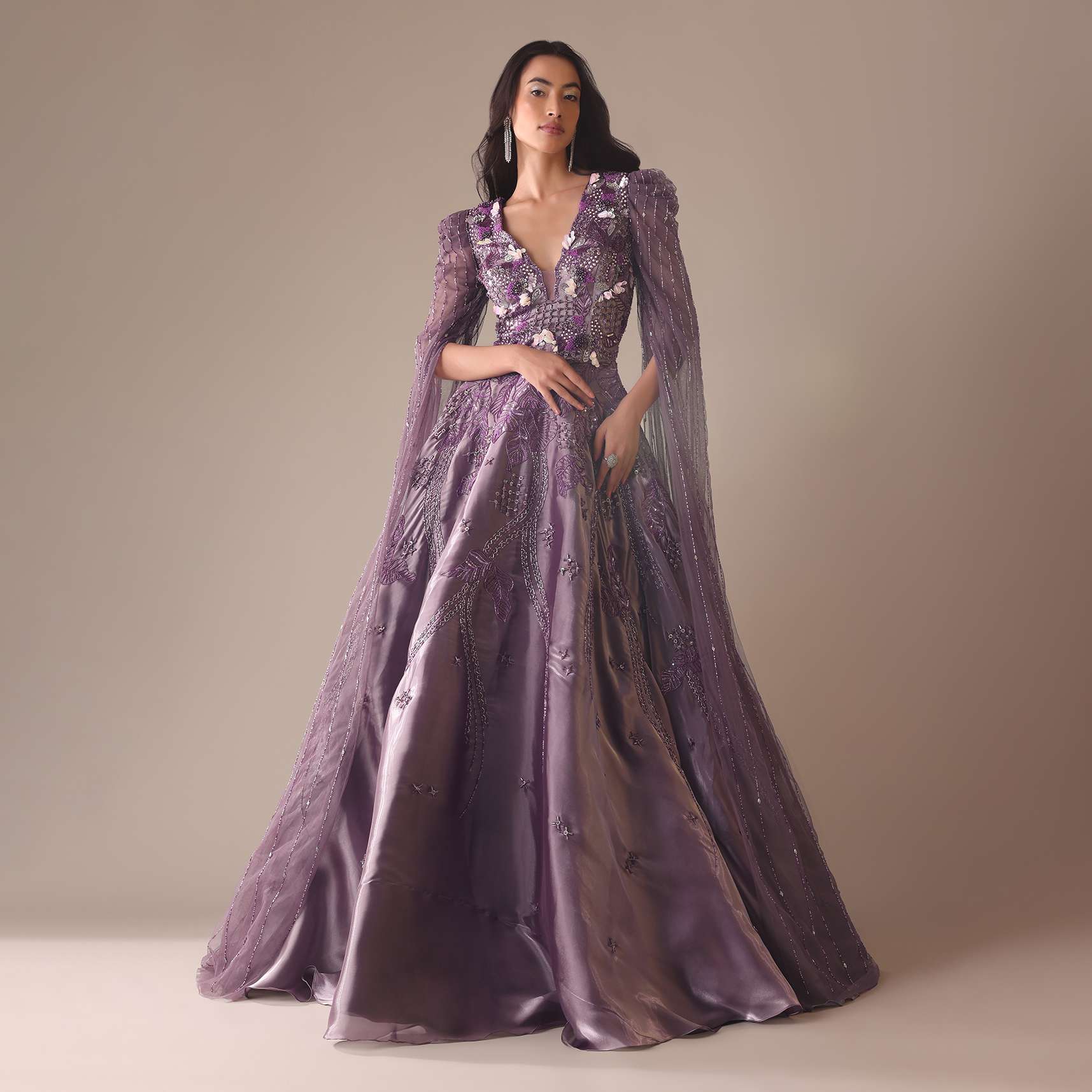 Purple Bridal Gown In Organza With Fancy Sleeves And Hand Work