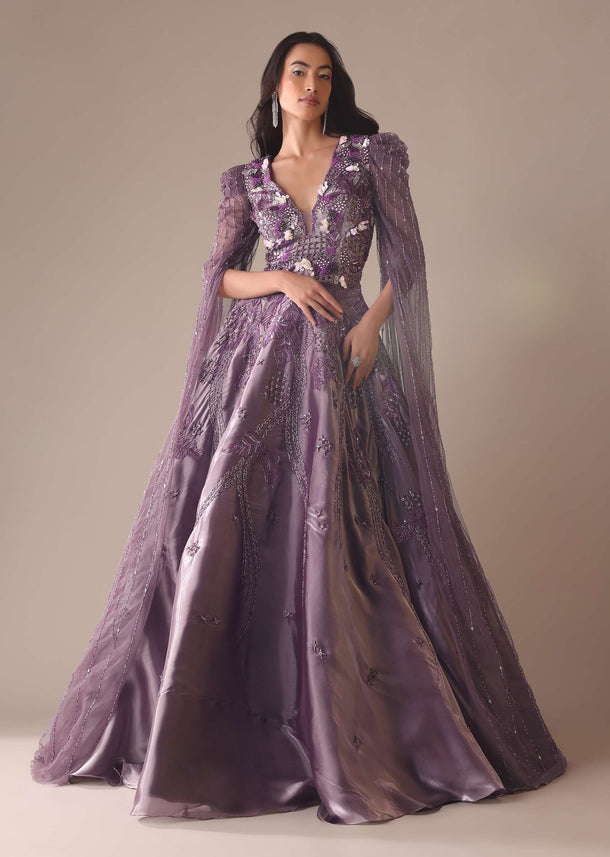 Purple Bridal Gown In Organza With Fancy Sleeves And Hand Work