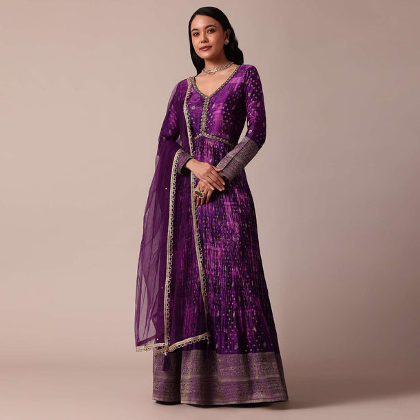 Purple Brocade Anarkali With Dupatta