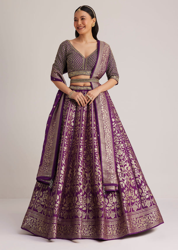 Purple Brocade Embroidered Lehenga Set