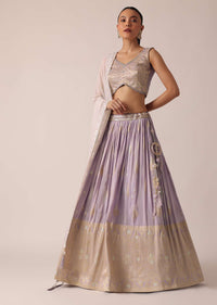 Purple Brocade Lehenga Set With Floral Buttis