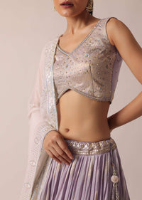 Purple Brocade Lehenga Set With Floral Buttis