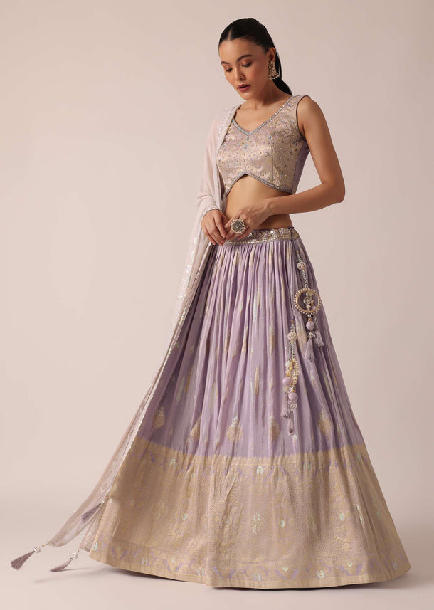 Purple Brocade Lehenga Set With Floral Buttis