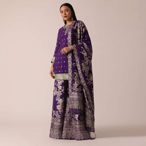 Purple Chanderi Kurta Palazzo Set With Cutdana Work