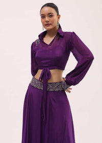 Purple Chiffon Crop Top And Skirt