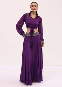 Purple Chiffon Crop Top And Skirt