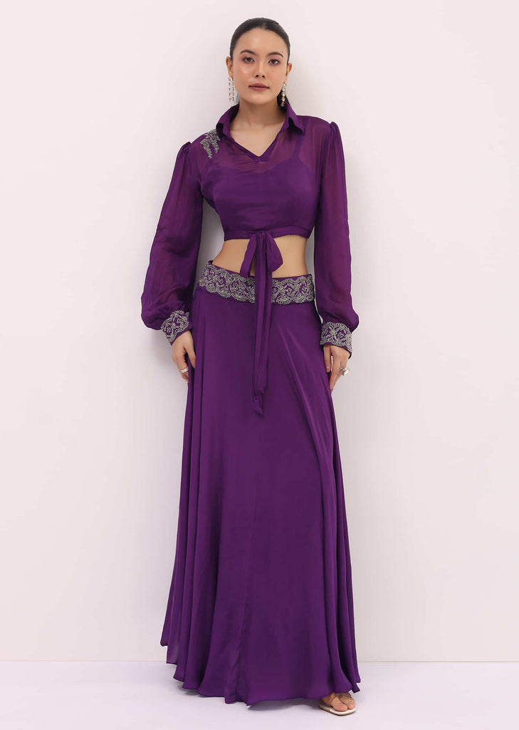 Purple Chiffon Crop Top And Skirt