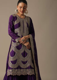 Purple Chiffon Sharara Set With Embroidered Detail