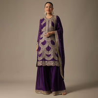 Purple Chiffon Sharara Set With Embroidered Detail