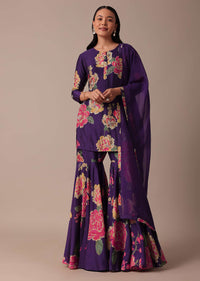 Purple Chiffon Sharara Set With Sequin Embellishments