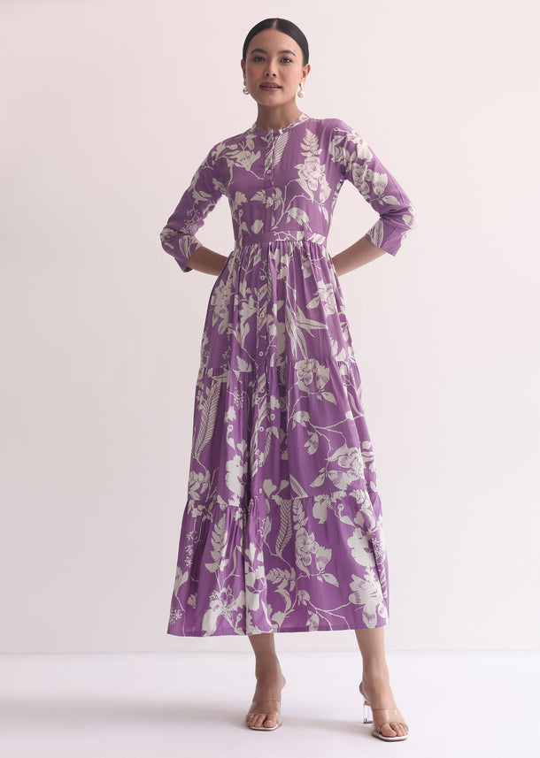 Purple Cotton Printed Kurti Dress With Belt