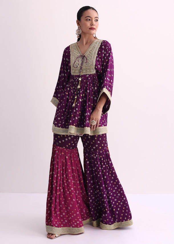 Purple Crepe Bandhani Print Sharara Set