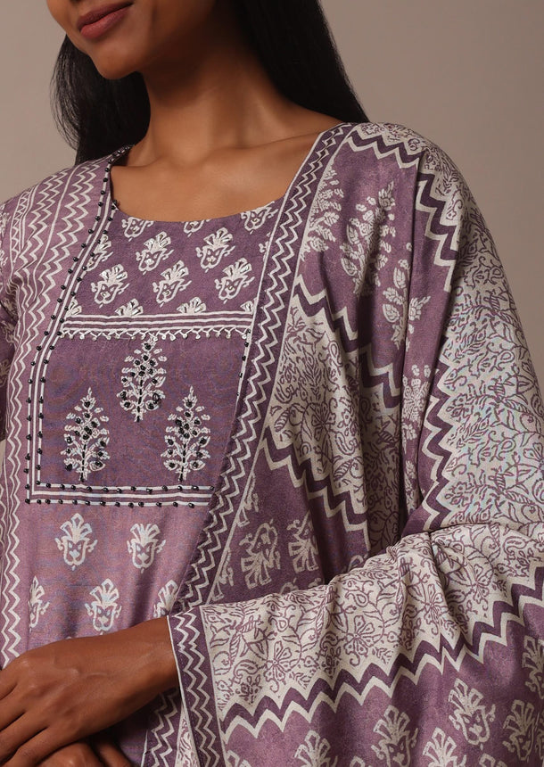 Purple Crepe Printed Kurti Pant Set With Cutdana Detail