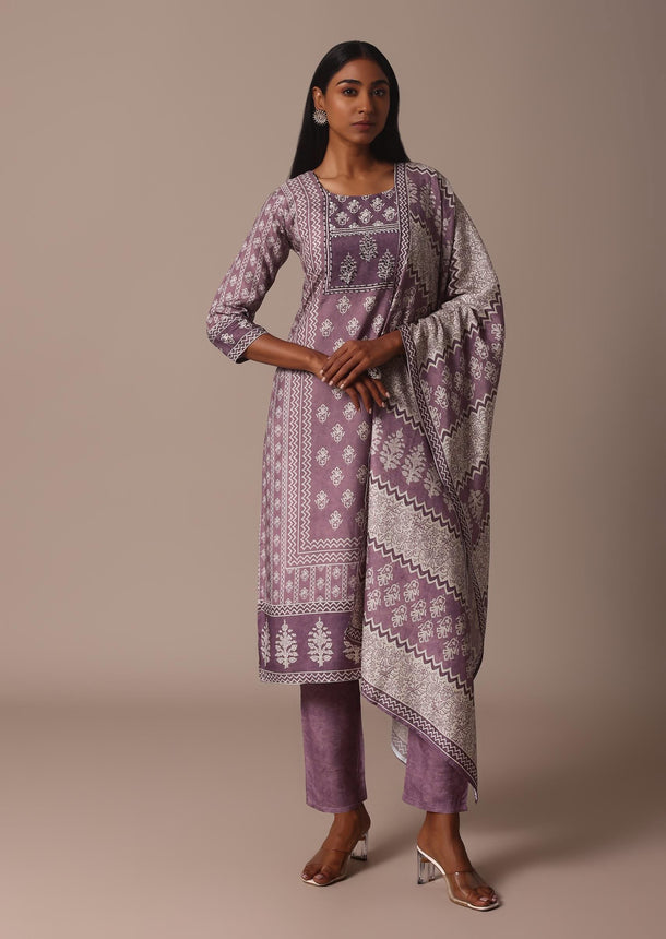 Purple Crepe Printed Kurti Pant Set With Cutdana Detail
