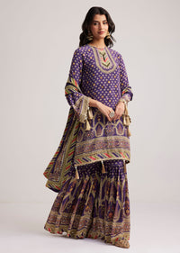 Purple Crepe Silk Sharara Set With Mirror And Sequins Work