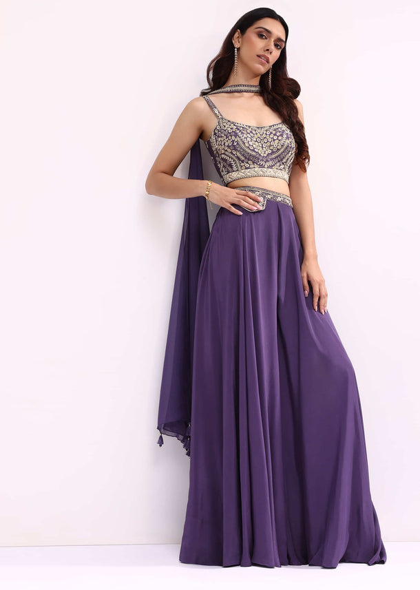 Purple Crop Top And Palazzo Set With Zari Work