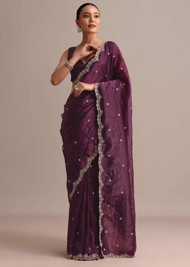 Purple Crushed Tissue Saree With Sequin And Cutdana Embroidered Border