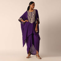 Purple Embroidered Asymmetric Kurta With Dhoti