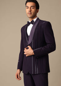 Purple Embroidered Tuxedo Set With Blazer And Pant Set