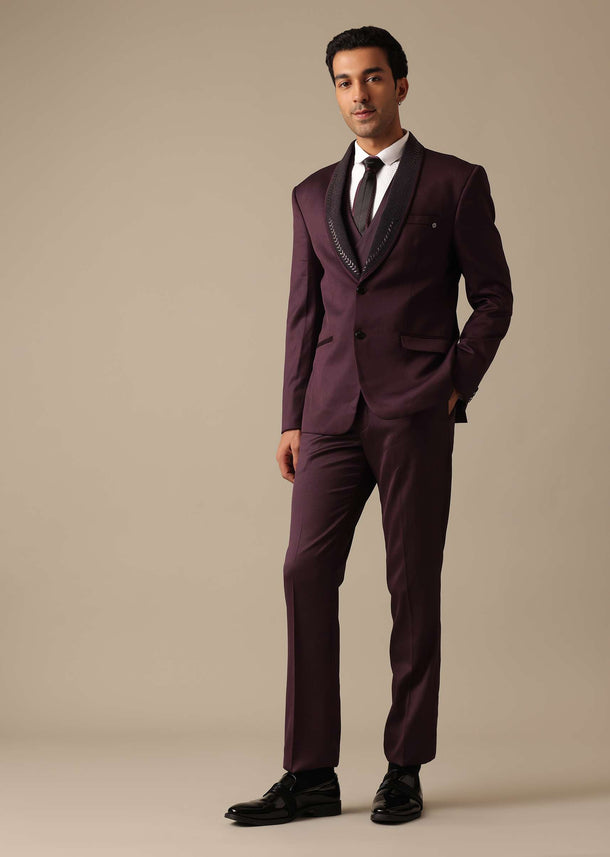 Purple Embroidered Tuxedo Set With Blazer And Pant Set In Terry Rayon