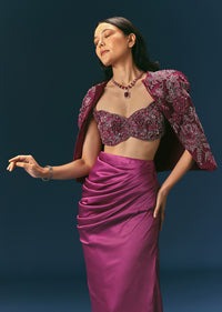 Purple Embroidered Blouse With Jacket And Draped Skirt