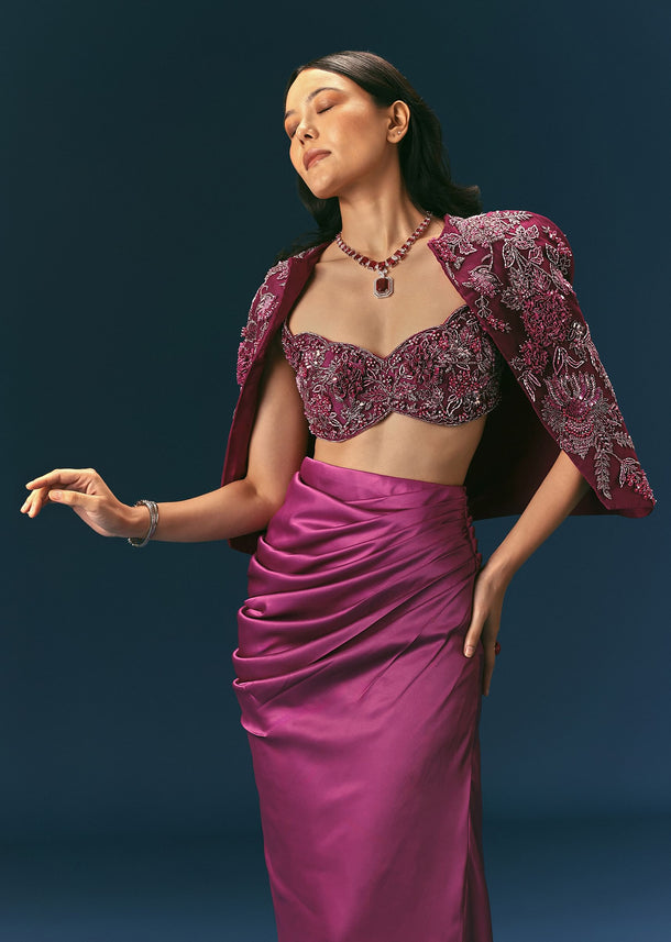 Purple Embroidered Blouse With Jacket And Draped Skirt