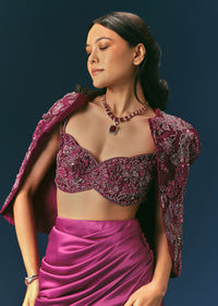 Purple Embroidered Blouse With Jacket And Draped Skirt