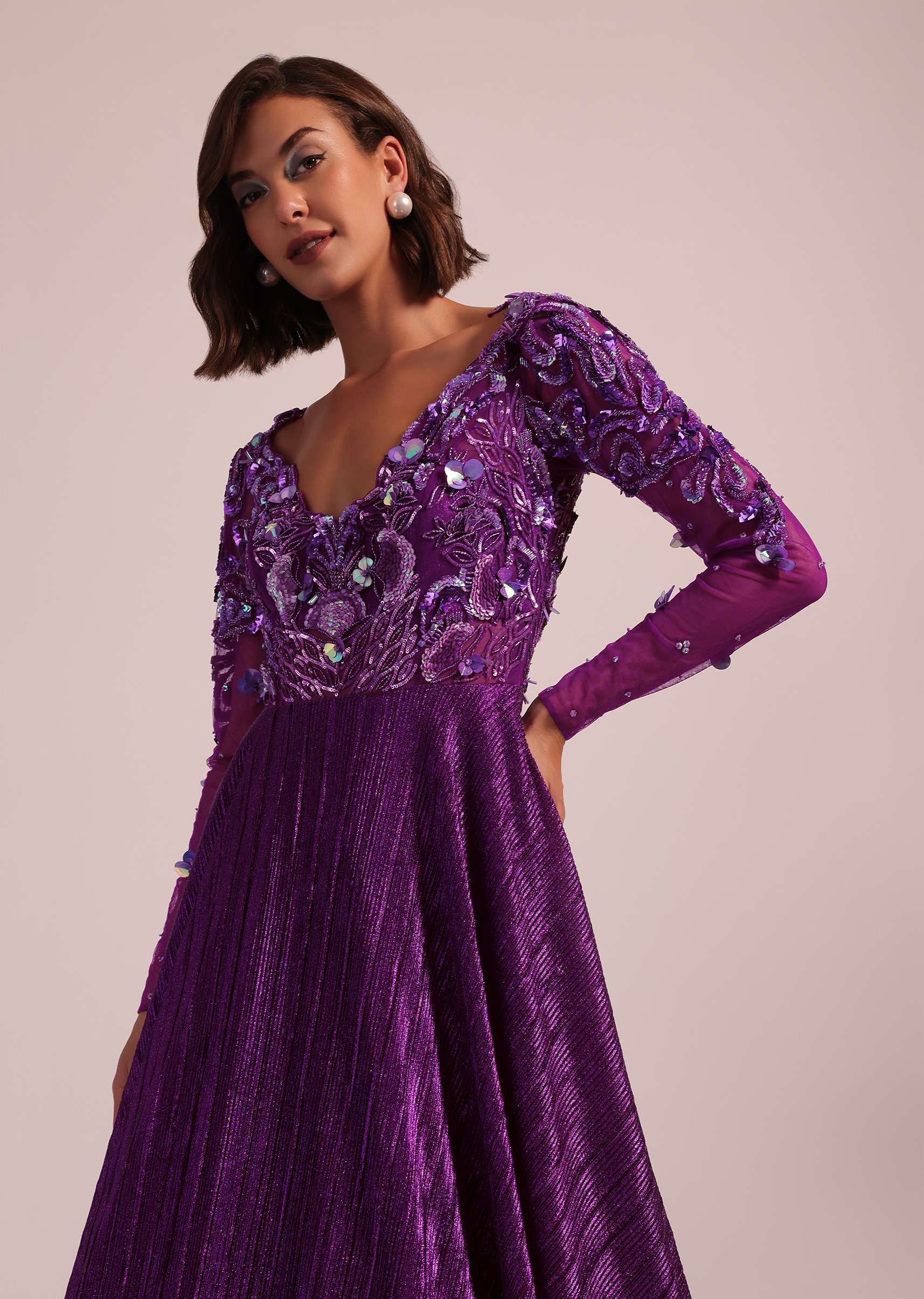 Purple Embroidered Bridal Gown In Crushed Shimmer