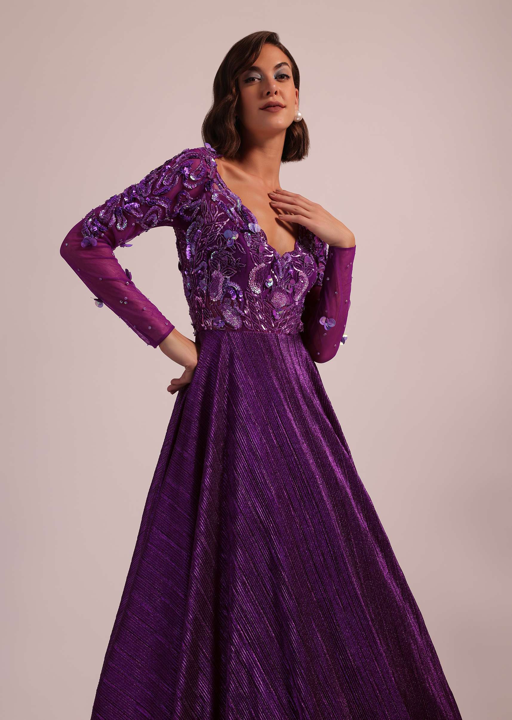 Purple Embroidered Bridal Gown In Crushed Shimmer