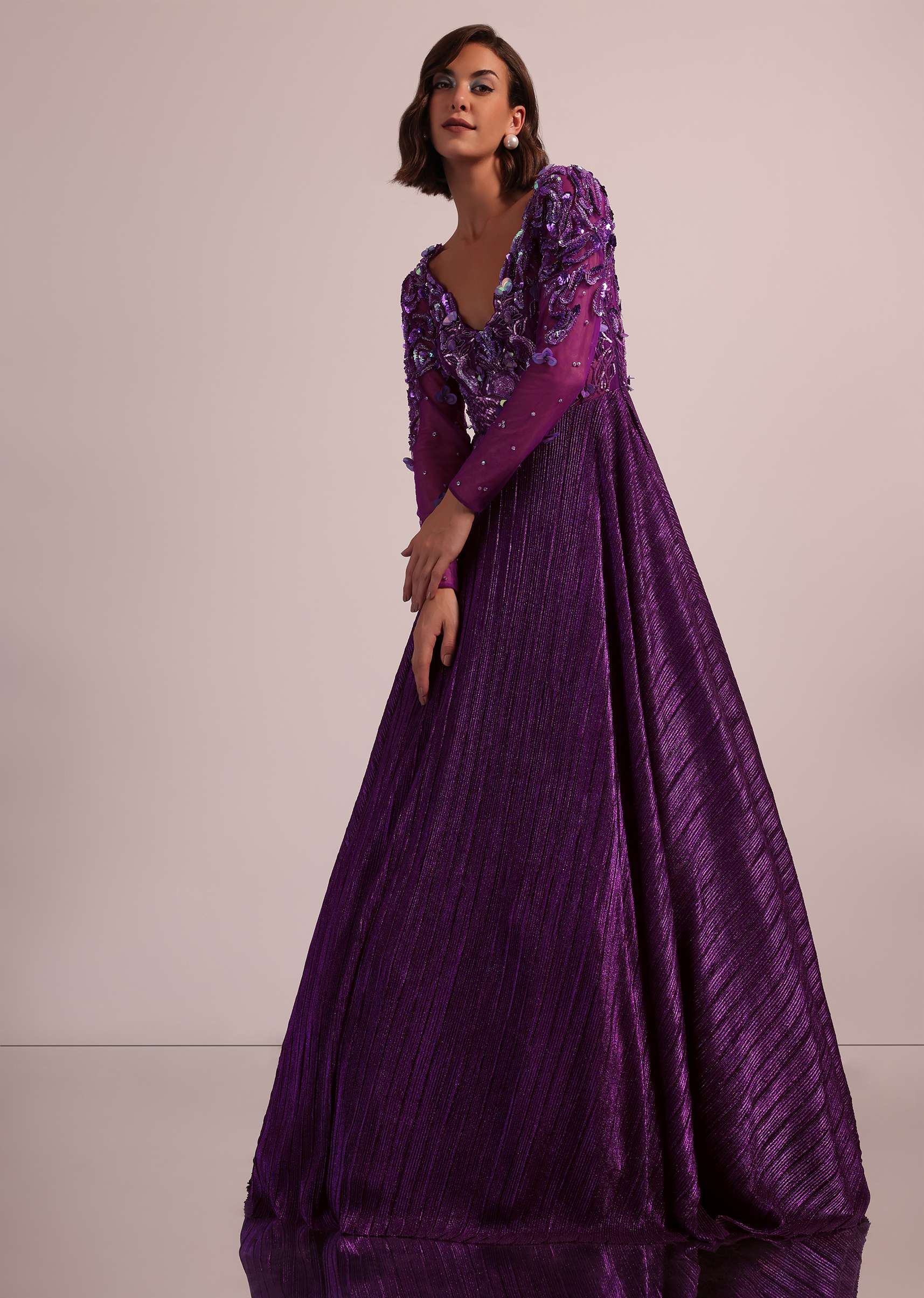 Purple Embroidered Bridal Gown In Crushed Shimmer