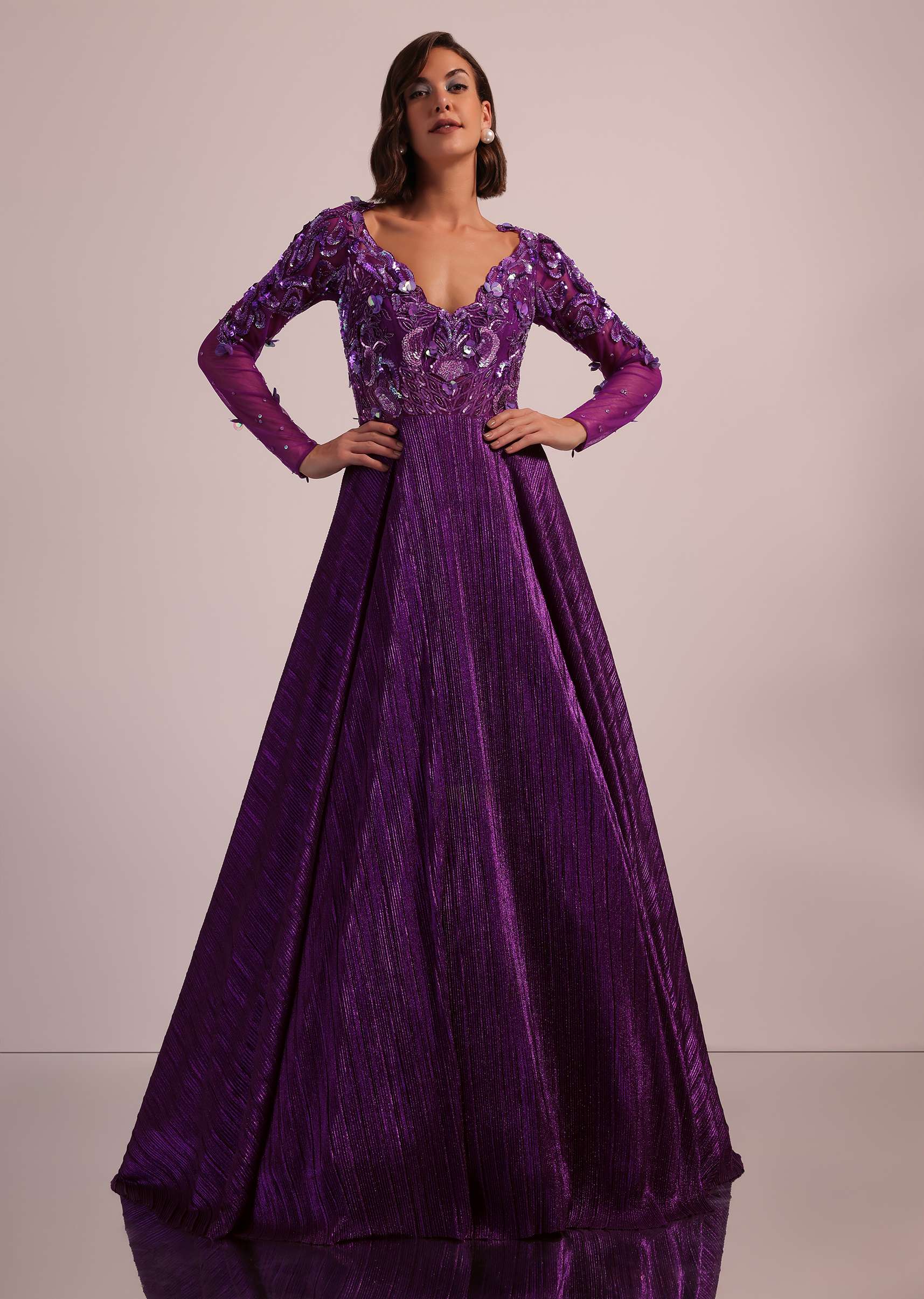 Purple Embroidered Bridal Gown In Crushed Shimmer