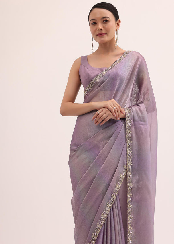 Purple Embroidered Chiffon Saree With Unstitched Blouse