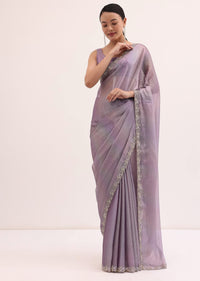 Purple Embroidered Chiffon Saree With Unstitched Blouse